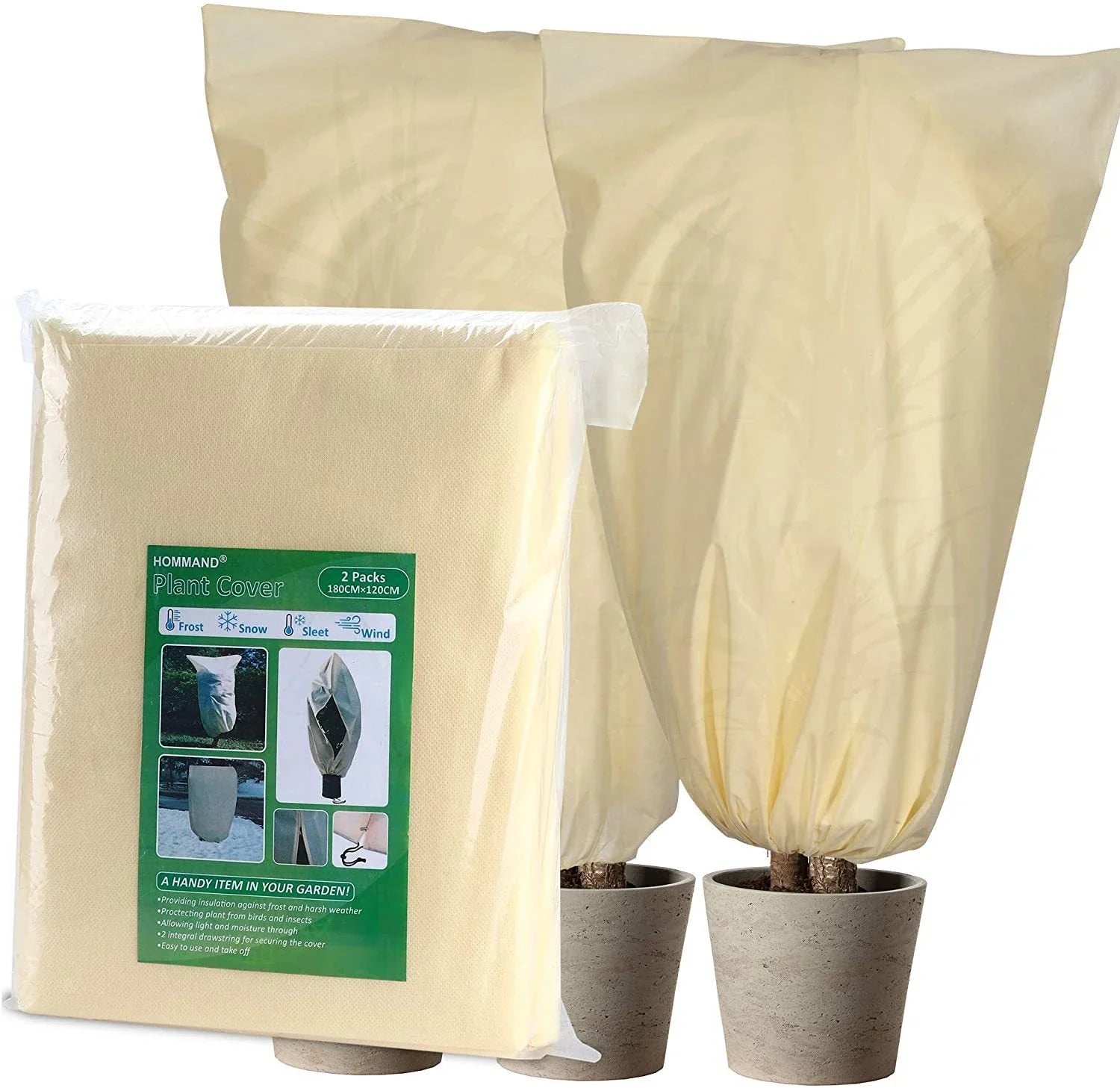 Non-woven plant protection cover in beige, designed to safeguard garden plants from frost, heavy rain, and pests during the British winter.