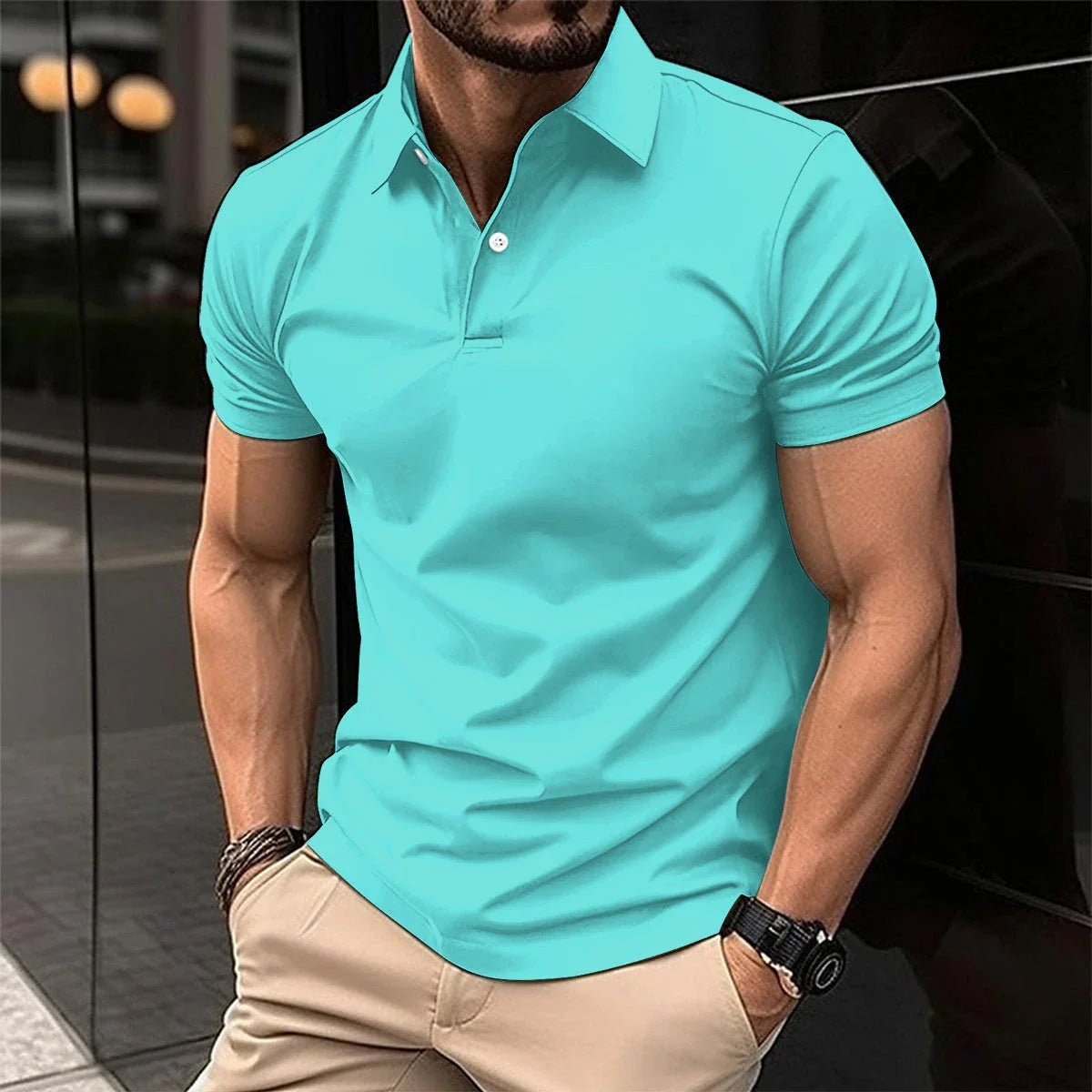 Premium Short Sleeve Polo Shirt for Men in Solid Color with Button Lapel Design