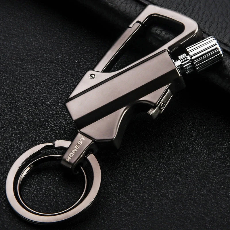 Metal keychain lighter with flint starter and bottle opener in various finishes