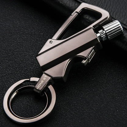 Metal keychain lighter with flint starter and bottle opener in various finishes