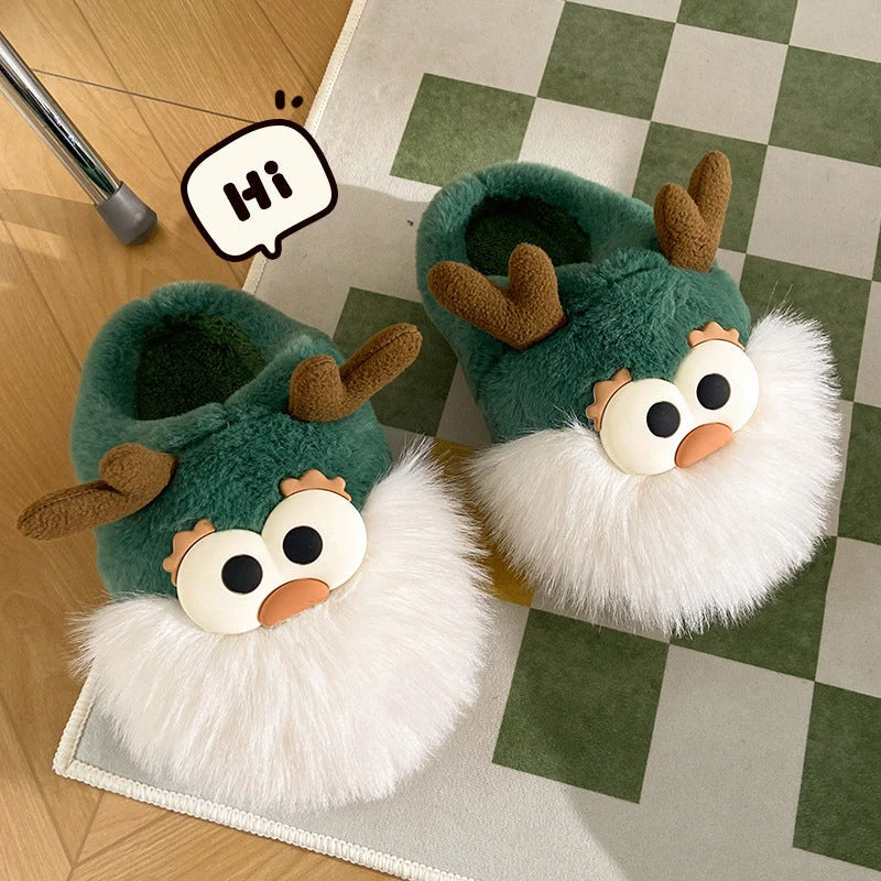 Cozy cartoon deer print slippers with plush lining and half-covered heel design for indoor comfort and warmth