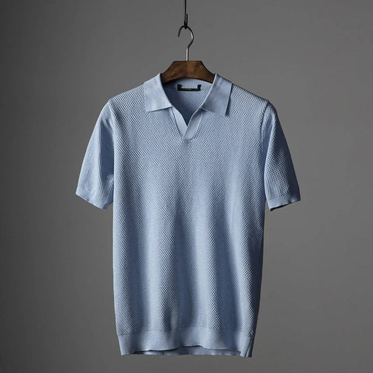 Men's V knit lapel short sleeve top in cotton, available in blue, navy blue, and grey