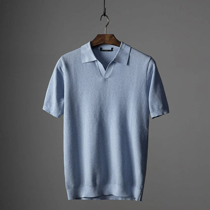 Men's V knit lapel short sleeve top in cotton, available in blue, navy blue, and grey