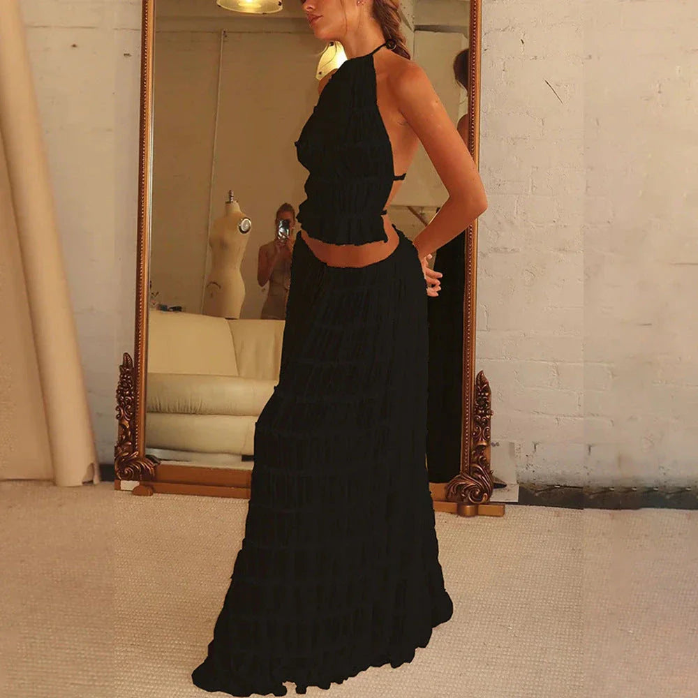 Chic sleeveless backless cropped halter top and pleated maxi dress set in various colors