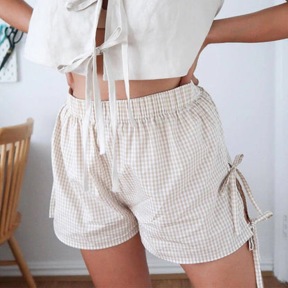 Women's stylish loose plaid shorts with lace-up design for summer
