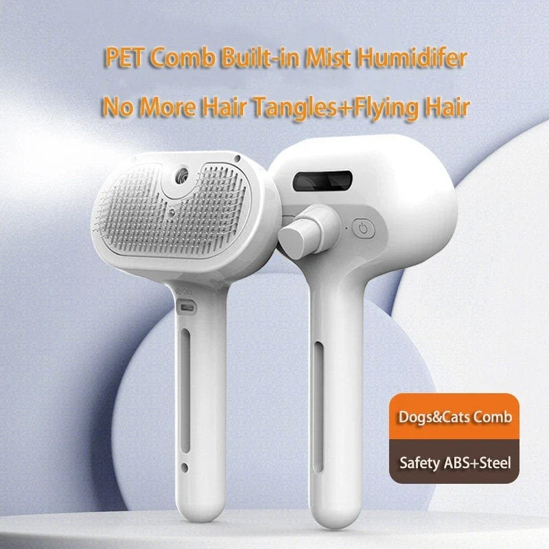 Versatile self-cleaning pet grooming brush with misting humidifier for removing tangles, mats, and loose fur from dogs and cats