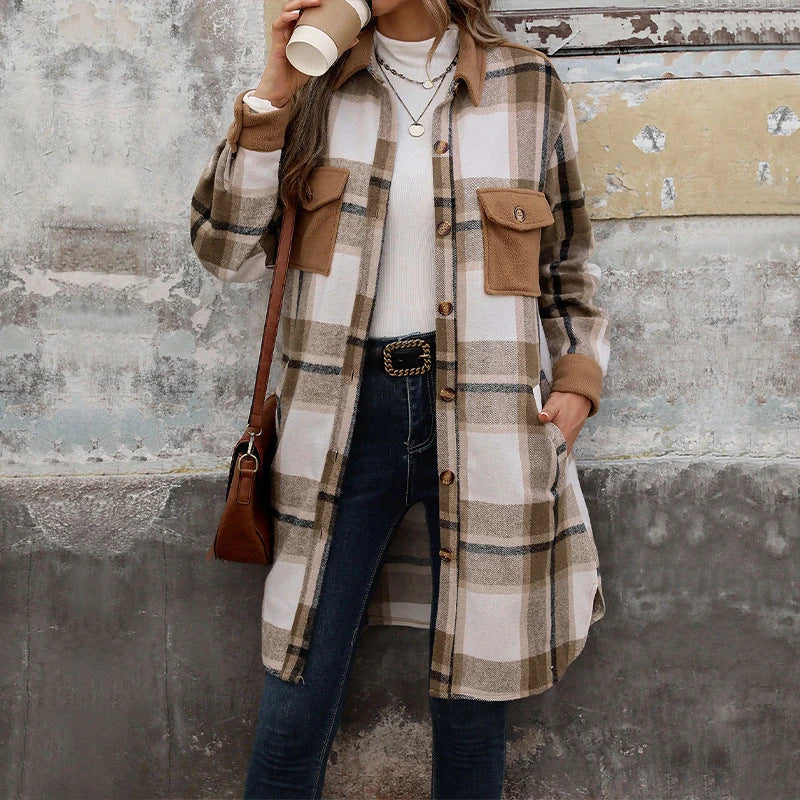 Stylish brushed plaid winter coat with pockets, available in various colors including Coffee, Grey, and Wine Red.