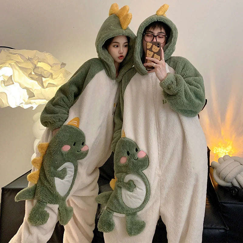 Cartoon design coral fleece winter jumpsuit for women and men