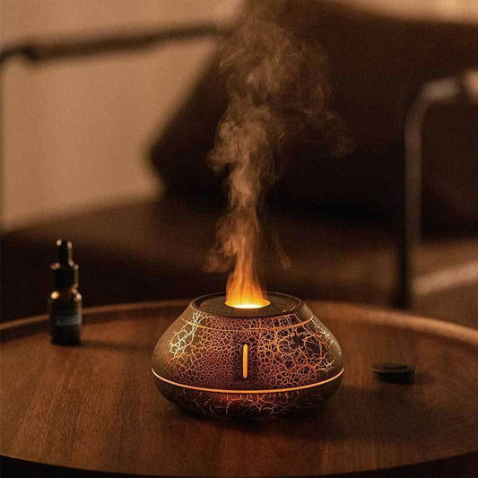 Aroma diffuser with flame-like effect, designed for relaxation and ambiance in home or office settings