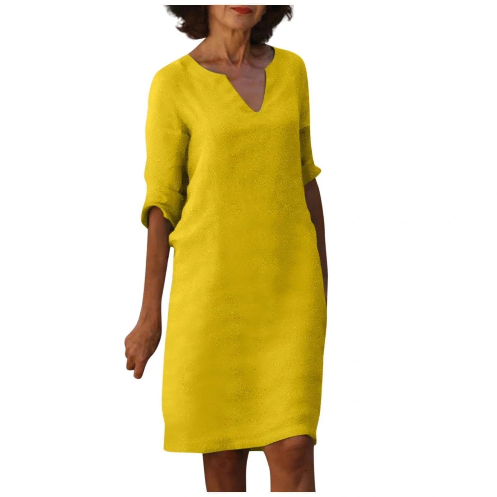 Retro high waist cotton-linen V-neck dress in various colours