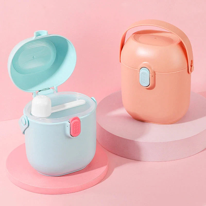 Large airtight baby milk powder storage container with scoop in peacock blue, olive green, and rouge powder
