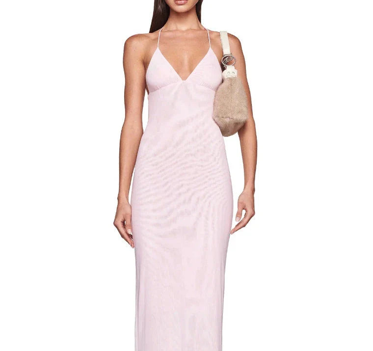 Stylish floral halter dress with spaghetti straps and butterfly back design, available in various vibrant colors