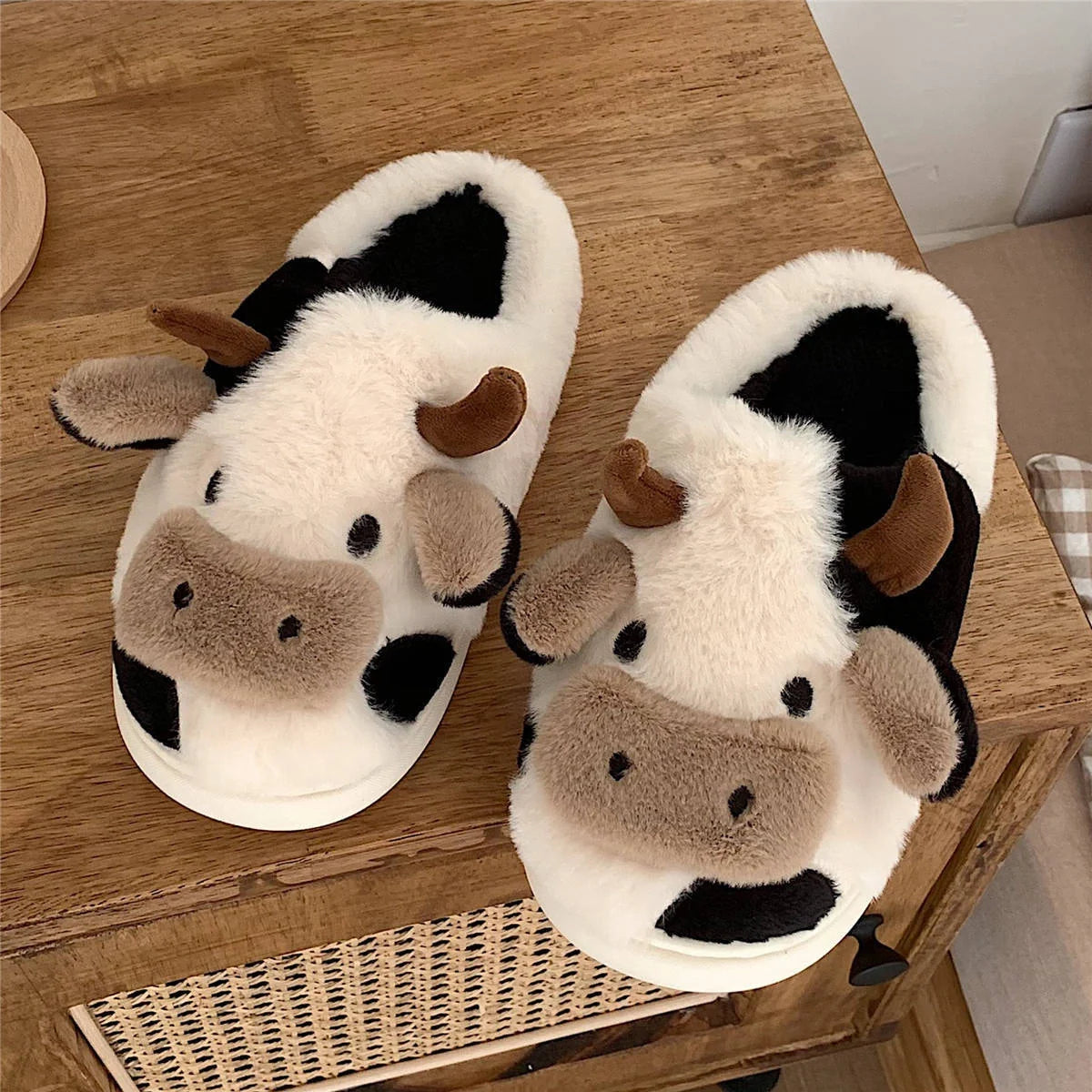 Women's Kawaii Cow Slippers with non-slip sole and plush lining in white and coffee colors