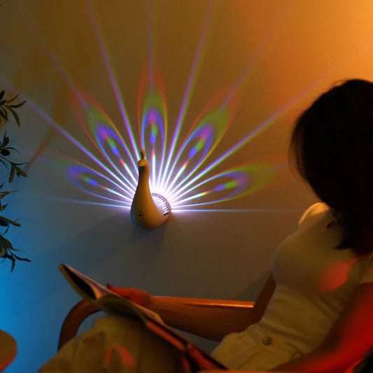 Peacock-inspired ambient lighting fixture with remote control and automatic shut-off timer