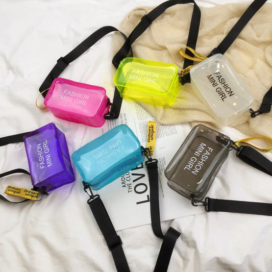 Transparent square fashion shoulder bag with adjustable strap and internal phone compartment