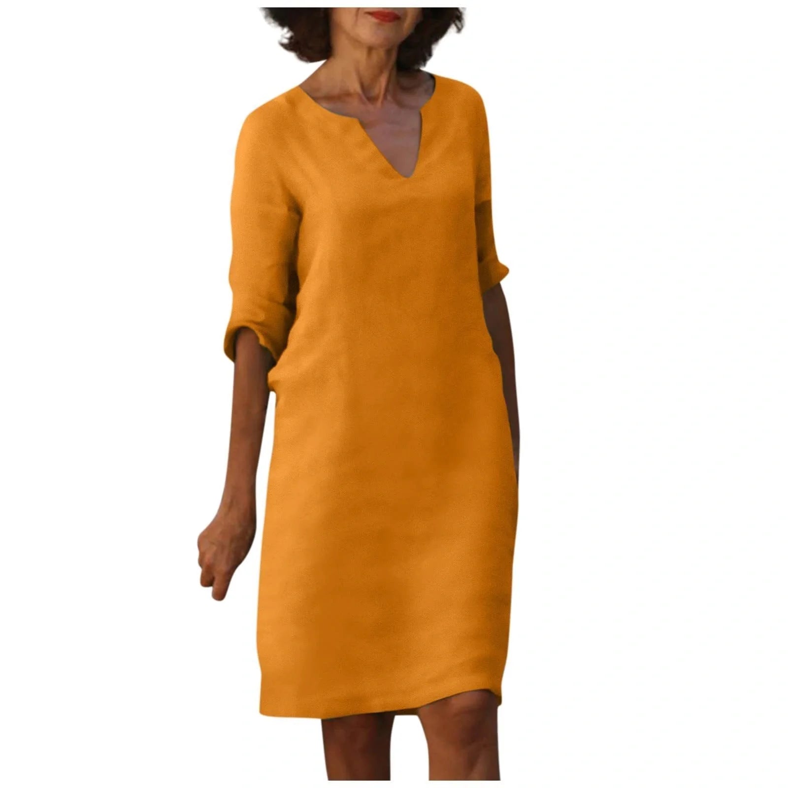 Retro high waist cotton-linen V-neck dress in various colours
