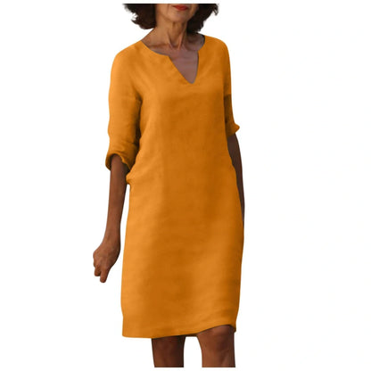 Retro high waist cotton-linen V-neck dress in various colours