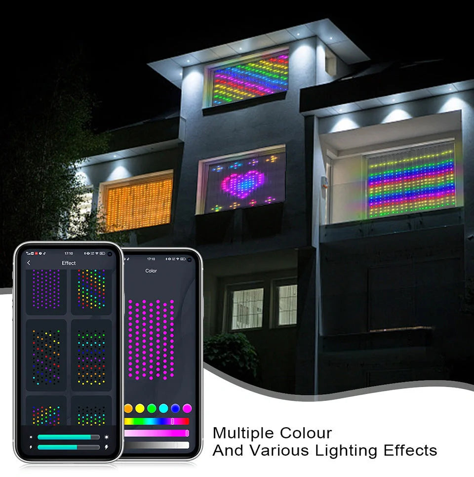 Smart LED RGB Curtain String Lights with Bluetooth control and waterproof design
