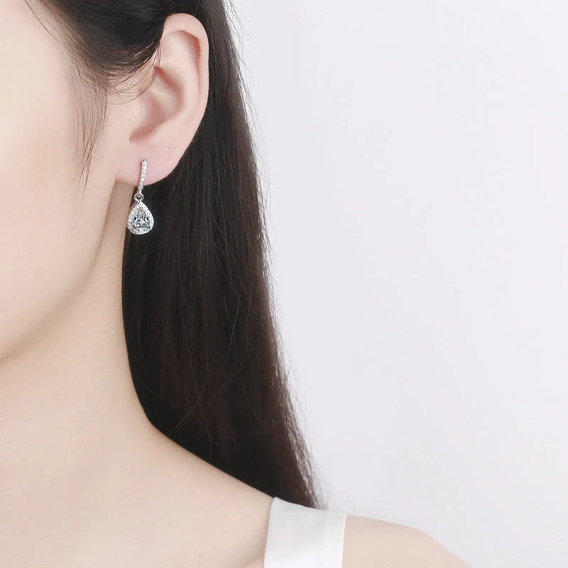 Drop shape ear studs with micro inlaid zircon stones in white gold colour finish