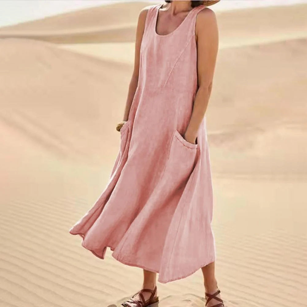 Stylish summer sleeveless long dress with pockets in various colours