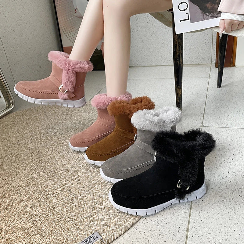 Cozy plush ankle boots in various colors with buckle detail and soft artificial fur lining