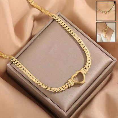Personalised love chain necklace and bracelet set in titanium steel with heart-shaped design