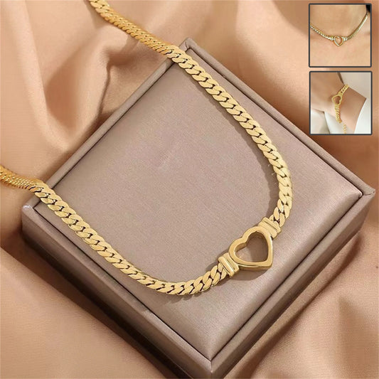 Personalised love chain necklace and bracelet set in titanium steel with heart-shaped design