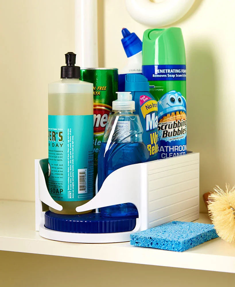 Rotating storage organiser with built-in turntable for easy access to bathroom, kitchen, and garage essentials