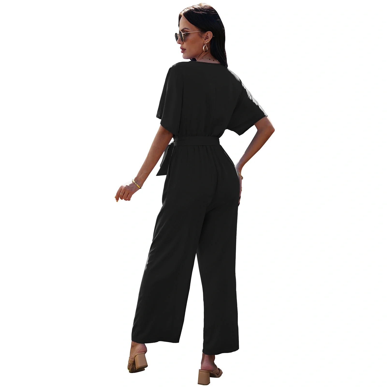 Women's V-neck tie waist jumpsuit in solid colours for summer wear