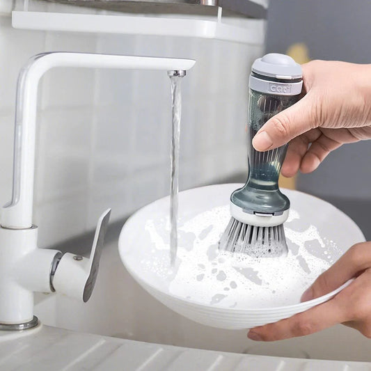 Pot brush with soap dispenser in milk white and mint green options