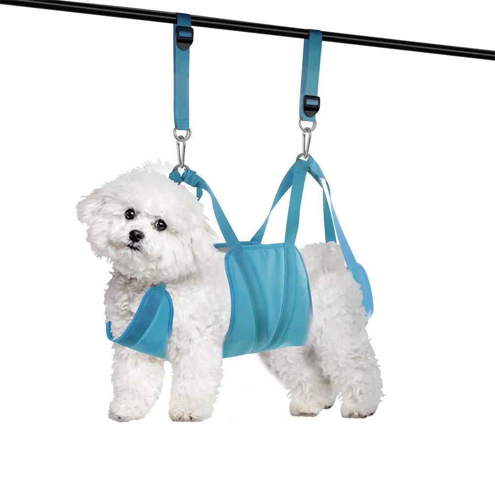 Pet grooming hammock for cats and dogs with nail clippers set, available in blue, blue + rose red, and grey