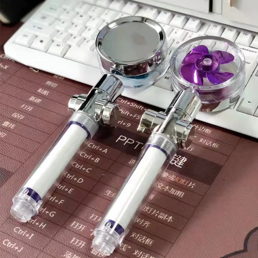 Turbo Propeller Shower Head in various colours with 360-degree fan extension