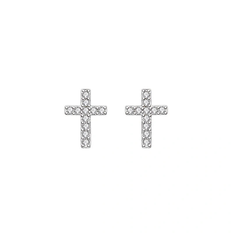Stainless steel cross earrings with zircon inlay in white gold and gold colours