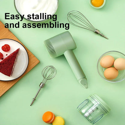 Rechargeable cordless electric hand mixer with 3-speed motor, whisk and egg beater attachments, and ergonomic design for easy baking and mixing