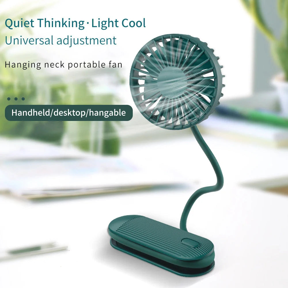 Rechargeable handheld fan in white, blue, and green with 2000mAh battery and silent operation