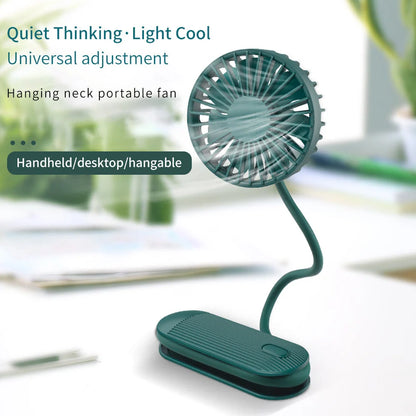 Rechargeable handheld fan in white, blue, and green with 2000mAh battery and silent operation