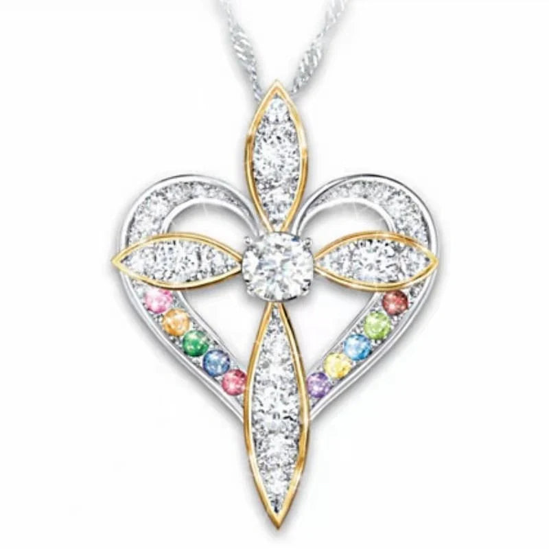 Elegant heart-shaped cross pendant necklace with adjustable chain, perfect for unisex wear.