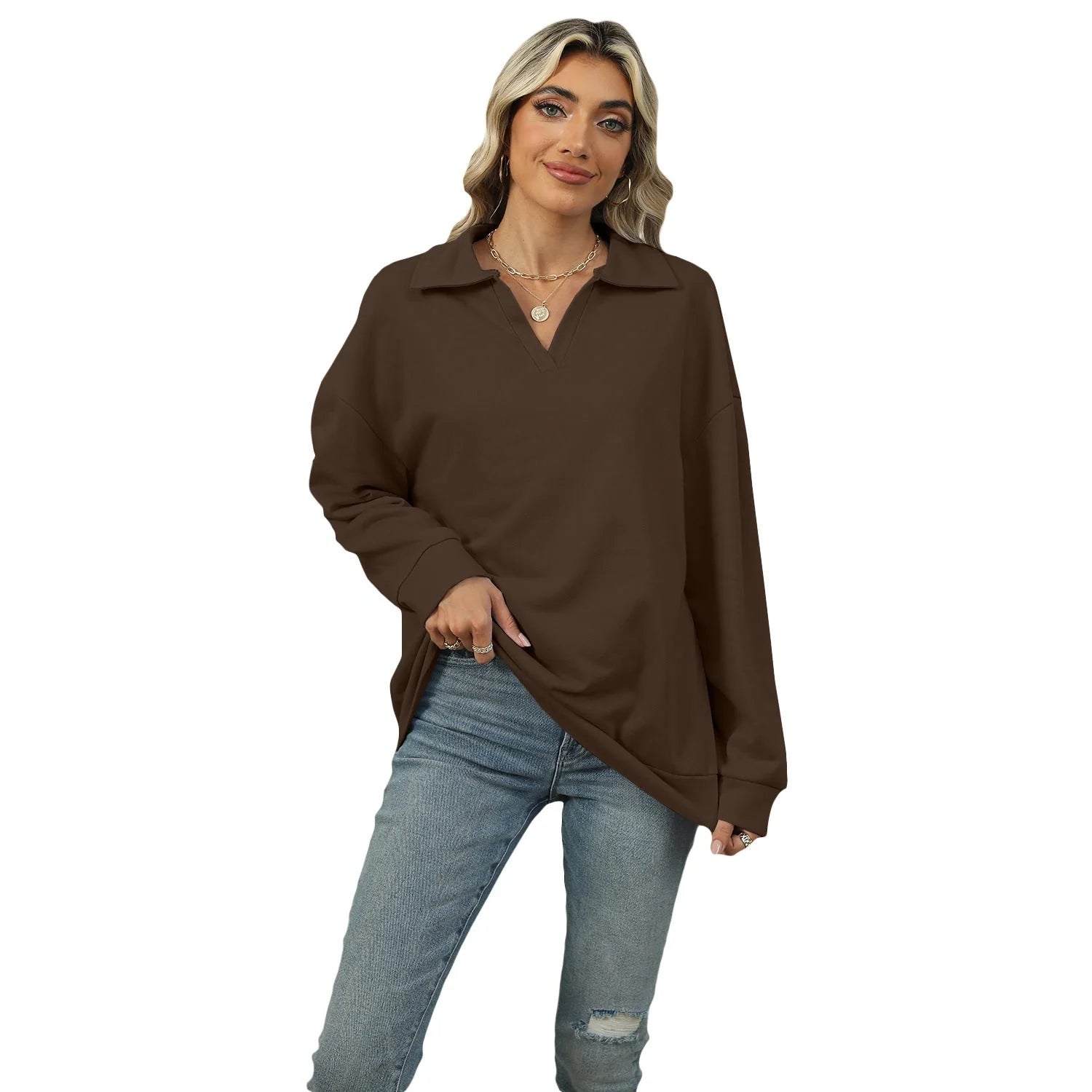Women's Lapel V-neck Sweatshirt in solid colours with long sleeves