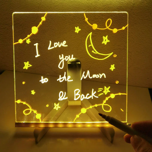 Acrylic DIY Note Board LED Night Light with 7 pens on a desk