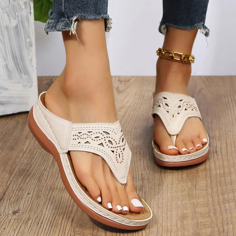 Women's clip toe wedge sandals with rhinestone accents in black, dark grey, and off-white