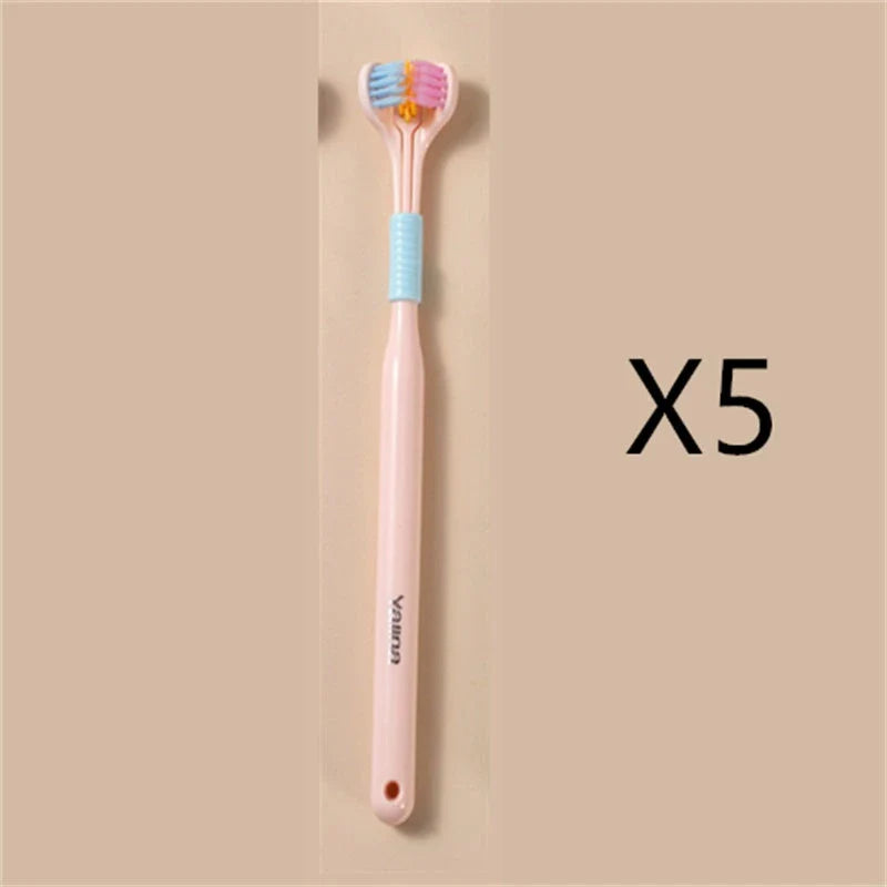 Soft bristle toothbrush with 3-sided brush head for thorough dental cleaning