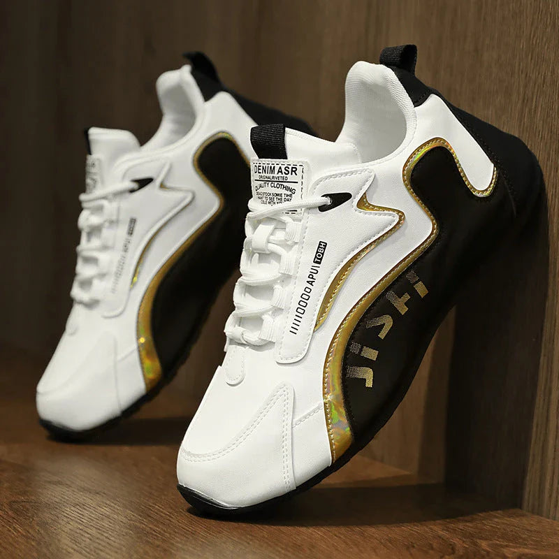 Stylish lace-up sneakers for men in various colorblock designs, featuring breathable mesh or leather uppers and lightweight construction for all-day comfort