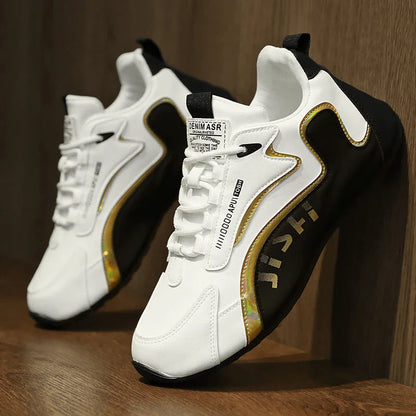 Stylish lace-up sneakers for men in various colorblock designs, featuring breathable mesh or leather uppers and lightweight construction for all-day comfort