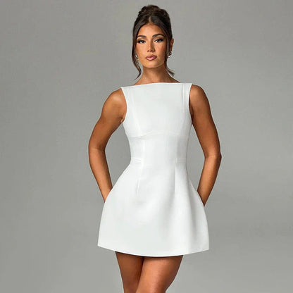 Chic backless summer dress with slim silhouette and sleeveless design, available in black, white, and red colors