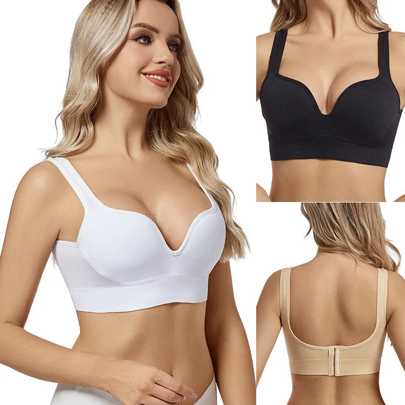 Back Button Up Bra with wide white straps in white, black, and apricot