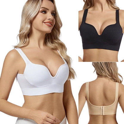 Back Button Up Bra with wide white straps in white, black, and apricot