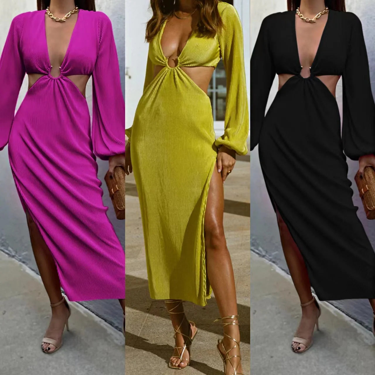 Stylish pressed pleated dresses in vibrant yellow, classic black, and chic dark pink colours for glamorous autumn fashion