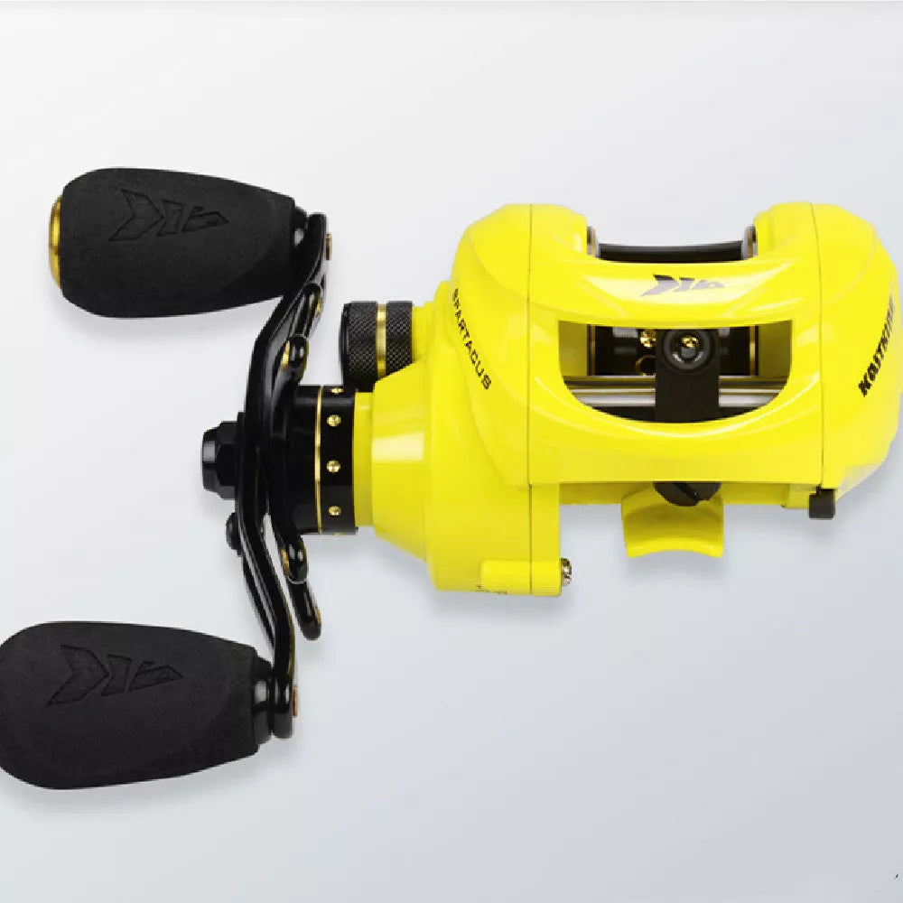 Water Drop Long Throw Lure Fishing Reel with yellow accents and dual braking system