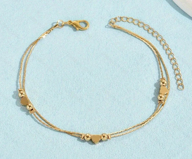 Korean fashion double-layered heart bracelet with light beads in white gold, gold, and rose gold options