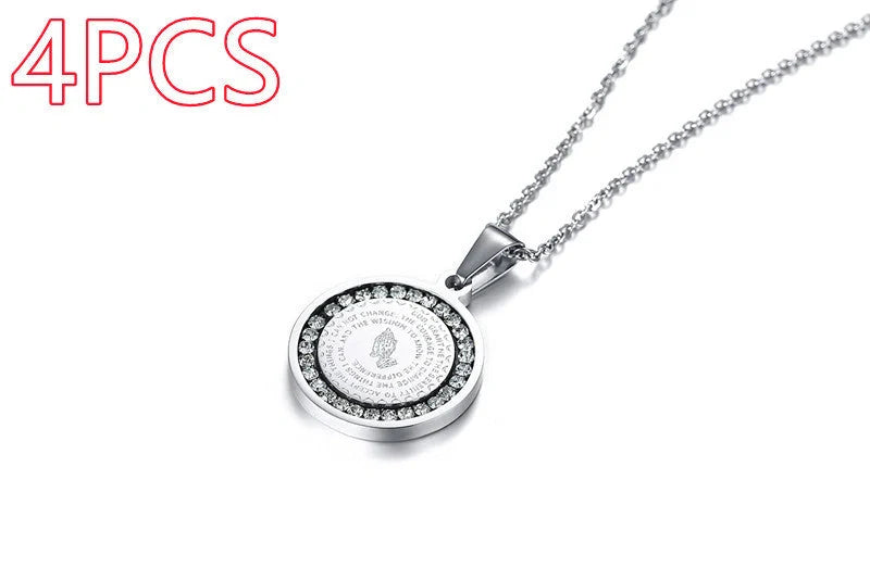 Premium stainless steel pendant with sparkling rhinestones and engraved English Scripture
